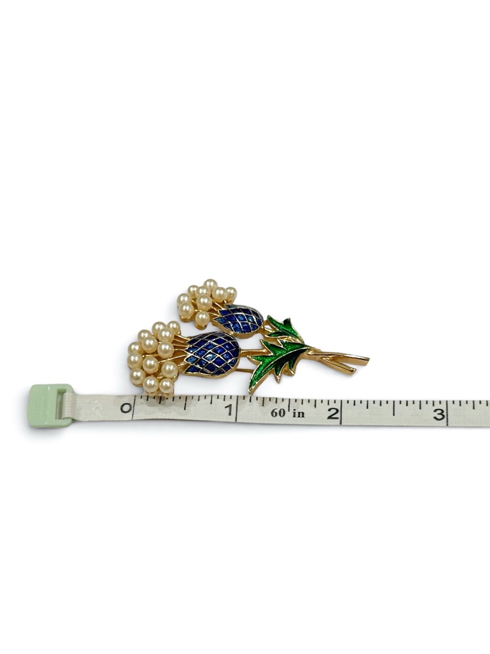Vintage Crown Trifari Thistle Brooch & Earrings Set Faux Pearl Blue Enamel - Picture 10 of 12